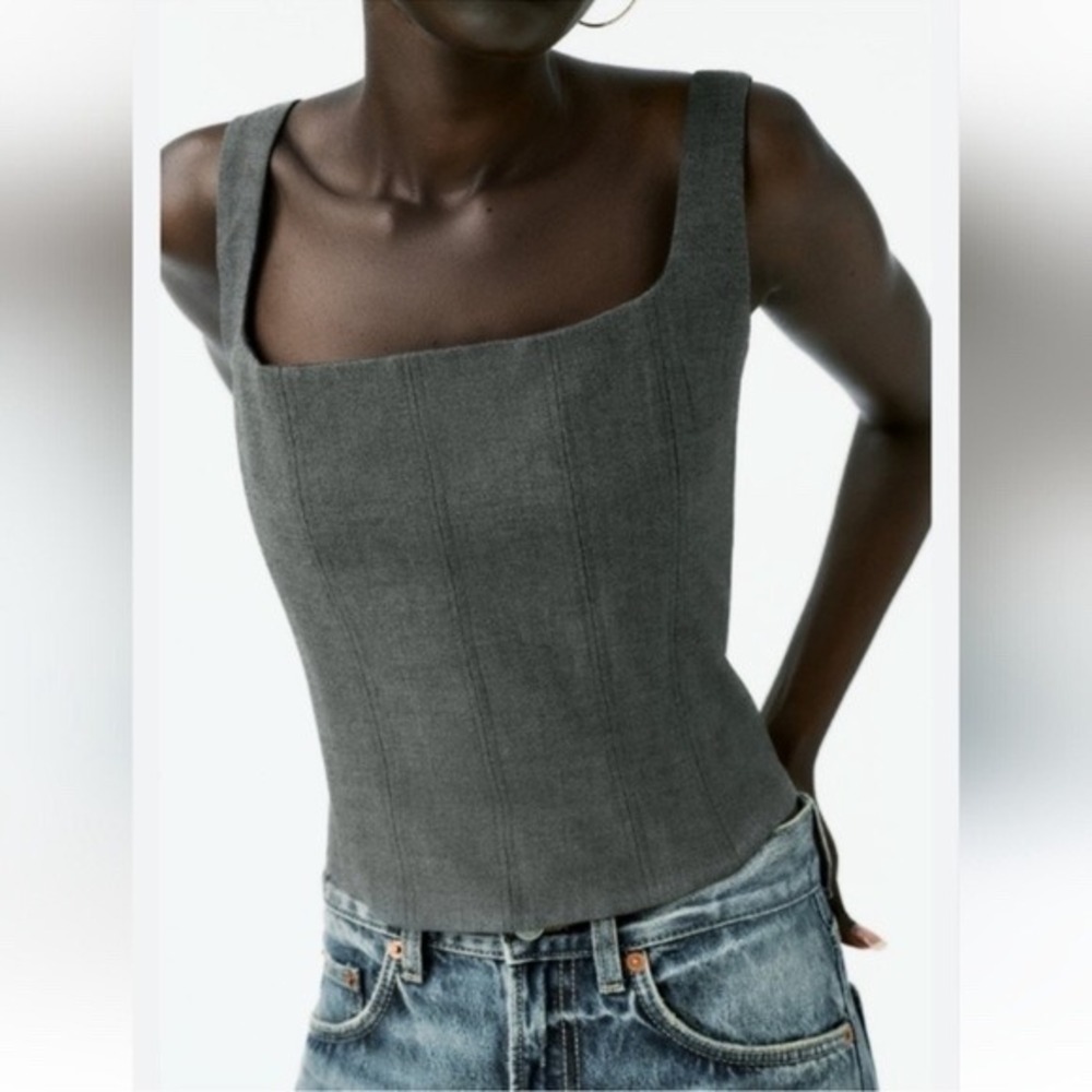 Zara Womens Office Siren Grey Structured Seamed Minimalist Corset Top Size M - Picture 1 of 8